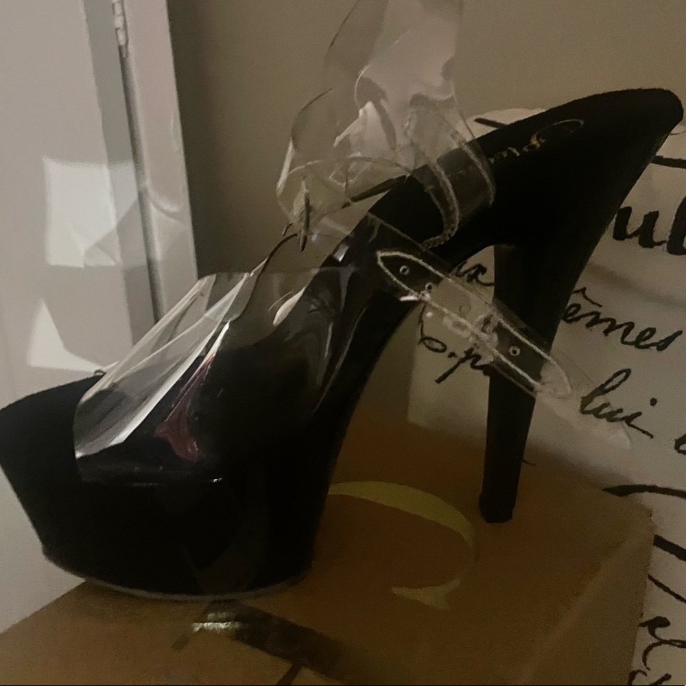 Black clear strap platform heels